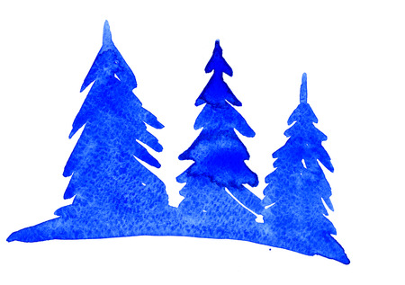 Isolated beautiful blue watercolor aquarelle painting hand drawn silhouette illustration of snow winterish wood and fir-trees on white background, horizontal pictureの写真素材