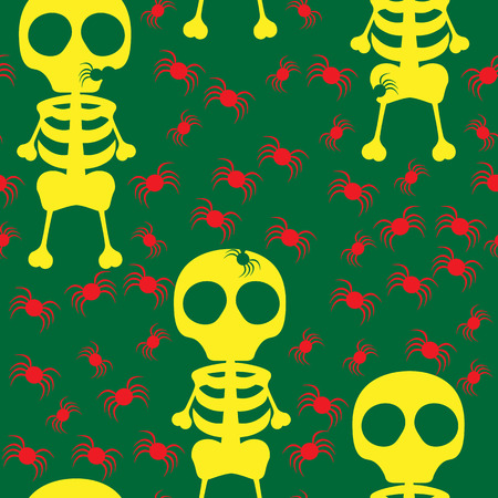 Beautiful art creative colorful halloween holiday wallpaper vector illustration of yellow human skeleton and red spider on green seamless backgroundのイラスト素材