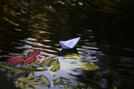 Closeup view of many beautiful colorful autumn tree leaves red yellow orange green colors floating on wavy water with reflection of nature with white paper ship on outdoor background, horizontal pictureの写真素材