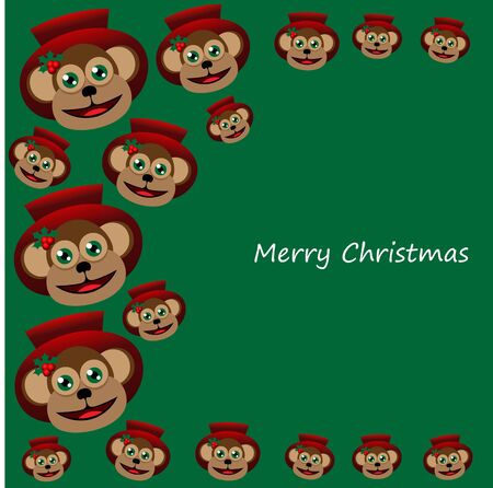 Beautiful art creative colorful new year winter holiday wallpaper vector illustration greeting card of many brown monkeys in red hat with merry christmas text on green backgroundのイラスト素材