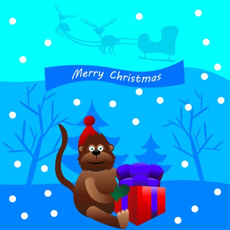 Beautiful art creative colorful new year winter holiday wallpaper vector illustration greeting card of one brown monkey in red hat holding present box with merry christmas text on blue backgroundのイラスト素材