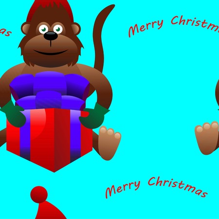 Beautiful creative colorful new year winter holiday seamless wallpaper vector greeting illustration of one brown monkey in red hat holding present box with merry christmas text on blue backgroundのイラスト素材