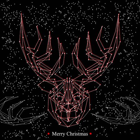 Art creative new year winter holiday wallpaper vector illustration greeting card of one red deer with antlers in white snowdlakes and merry christmas text on black backgroundのイラスト素材