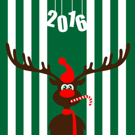 Art creative colorful new year winter holiday wallpaper vector illustration greeting card of one deer with antlers red nose hat and 2016 numbers on striped green backgroundのイラスト素材