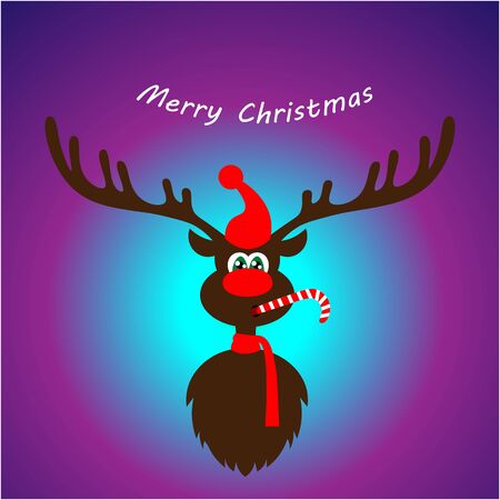 Art creative colorful new year winter holiday wallpaper vector illustration greeting card of one deer with antlers red nose hat and merry christmas text on violet backgroundのイラスト素材