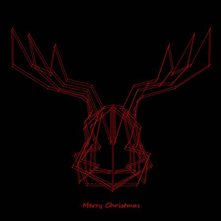 Art creative new year winter holiday wallpaper vector illustration greeting card of one red deer with antlers and merry christmas text on black backgroundのイラスト素材