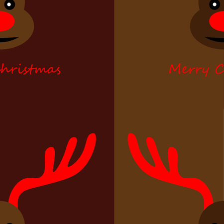 Art creative colorful new year winter holiday seamless wallpaper vector illustration greeting card of many deers with antlers and red nose with merry christmas text on brown backgroundのイラスト素材