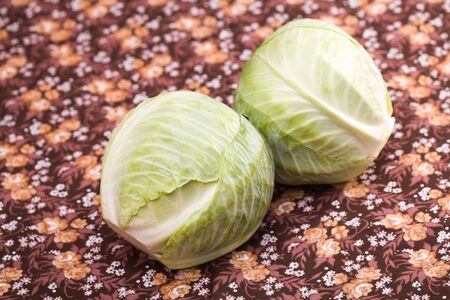 Pair of juicy tasty white headed cabbages vegetable healthy organic food laying on floral background studio closeup, horizontal pictureの写真素材