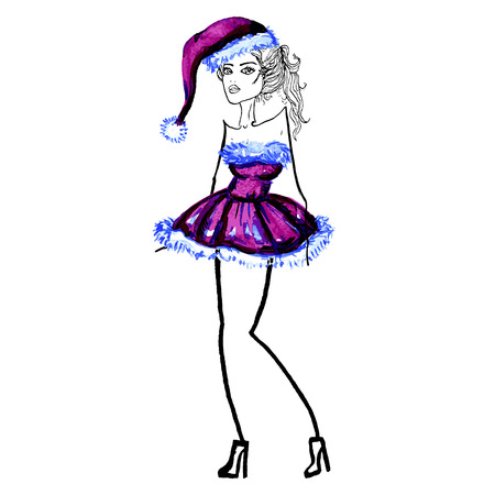 Beautiful colorful christmas vector illustration of one woman in new year santa claus dress and hat violet color on white backdropのイラスト素材