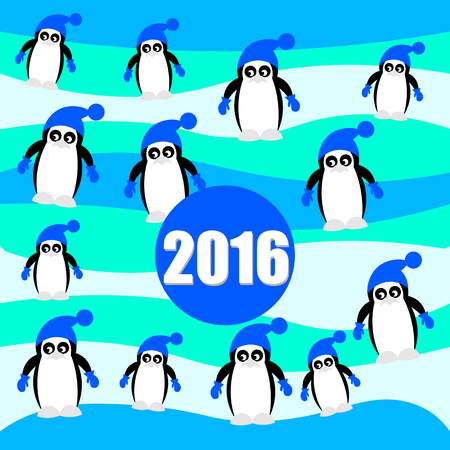 Art creative colorful new year winter holiday wallpaper vector illustration greeting card of many small pinguins in blue santa christmas hat with decorative ball on winter backgroundのイラスト素材