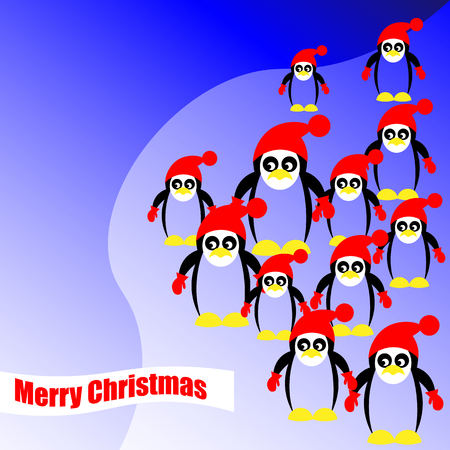 Art creative colorful new year winter holiday wallpaper vector illustration greeting card of many pinguins in red christmas santa hat on blue background with textのイラスト素材