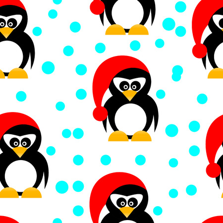 Art creative colorful new year winter holiday wallpaper vector illustration of many small pinguins in christmas red hat on white seamless backgroundのイラスト素材