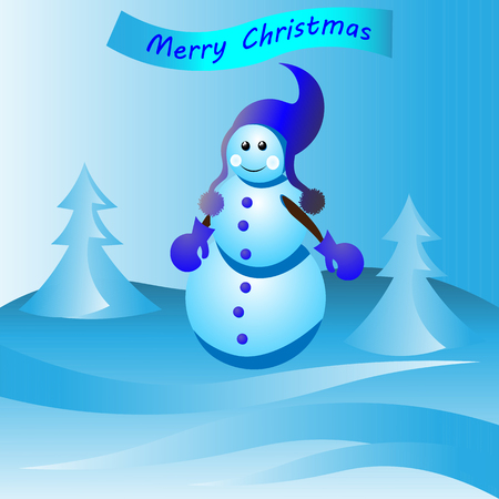 Art creative colorful new year winter holiday wallpaper vector illustration greeting card of one snowman in christmas santa hat on blue background with textのイラスト素材