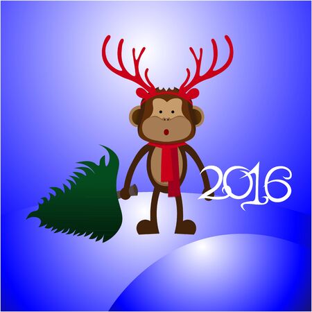 Art creative colorful new year winter holiday wallpaper vector illustration greeting card of monkey in christmas deer antlers with green fir tree on winter backgroundのイラスト素材