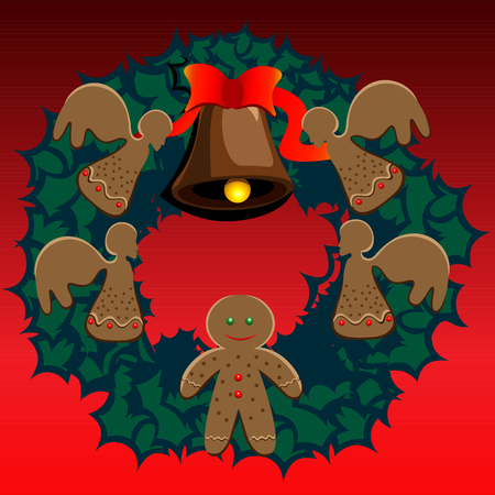 Art creative colorful new year winter holiday wallpaper vector illustration of christmas garland bell and ginger bisquits on red backgroundのイラスト素材