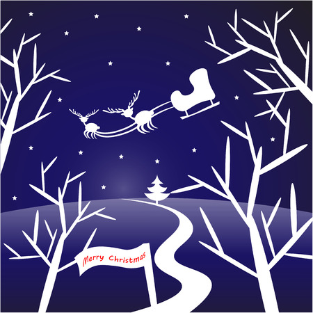 Art creative colorful new year winter holiday wallpaper vector illustration of christmas deers with sledges in air in night forest with bare trees and white snow on blue backgroundのイラスト素材