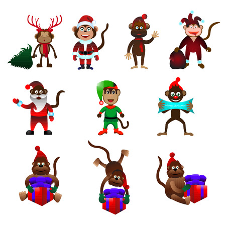 Beautiful colorful christmas vector illustration of many new year monkey animal icons in hat with present and gift box and green elf costume on white backdropのイラスト素材