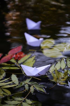 Closeup view of many beautiful colorful autumn tree leaves red yellow orange green colors floating on wavy water with reflection of nature with white paper ship on outdoor background, vertical pictureの写真素材
