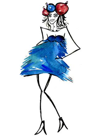 Closeup watercolor aquarelle painting hand drawn silhouette of posing funny girl wearing blue New Year tree costume and ornamental headband of Christmas balls on white background, vertical pictureの写真素材