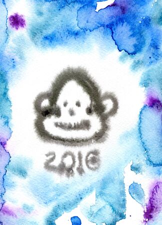Closeup abstract watercolor aquarelle painting hand drawn sketch of one monkey face hairy head animal zodiac sign 2016 year lettering New Year on blue spotty background, vertical pictureの写真素材