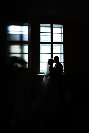 Photo full length of dark silhouette of bridal couple bride and groom kissing in window opening blazed into glossy surface on wedding day black and white on indoor background, vertical pictureの写真素材