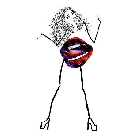 Beautiful colorful vector illustration of one woman in romantic lovely red color dress in shape of open female sexy mouth with red lips teeth and tongue with long curly hair on white backdropのイラスト素材