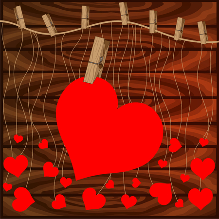 Bright color vector graphic illustration of Valentine day love holiday with symbol of red beautiful heart shape objects on wooden backgroundのイラスト素材