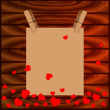 Bright color vector graphic illustration of Valentine day love holiday with symbol of red beautiful heart shape objects on wooden backgroundのイラスト素材