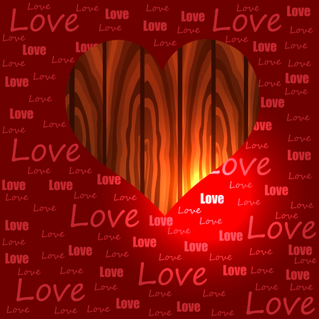 Bright color vector graphic illustration of Valentine day love holiday with symbol of red beautiful heart shape objects on wooden backgroundのイラスト素材