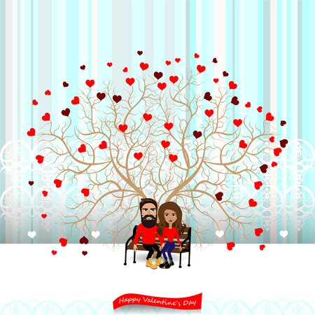 Bright color vector graphic illustration of Valentine day love holiday with symbol of beautiful heart shape and lovely couple on colorful backgroundのイラスト素材