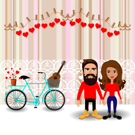 Bright color vector graphic illustration of Valentine day love holiday with symbol of beautiful heart shape and lovely couple on colorful backgroundのイラスト素材