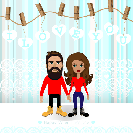 Bright color vector graphic illustration of Valentine day love holiday with symbol of beautiful heart shape and lovely couple on colorful backgroundのイラスト素材