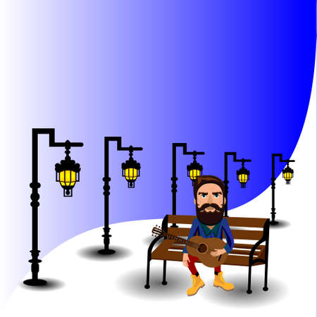 Bright color vector graphic illustration of Valentine day love holiday with symbol of handsome man with guitar on blue backgroundのイラスト素材