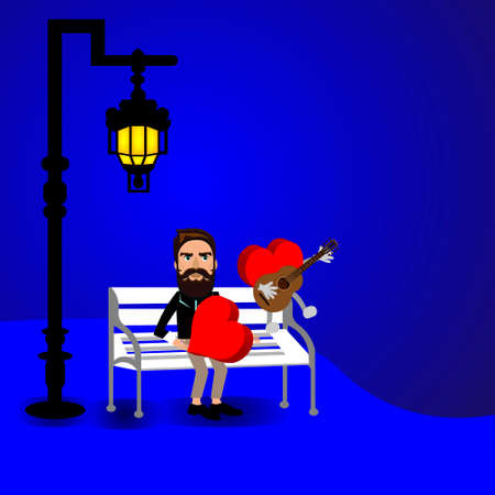 Bright color vector graphic illustration of Valentine day love holiday with symbol of beautiful heart shape and man on blue backgroundのイラスト素材