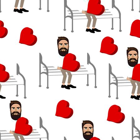 Bright color vector graphic illustration of Valentine day love holiday with symbol of beautiful heart shape and man on white seamless backgroundのイラスト素材