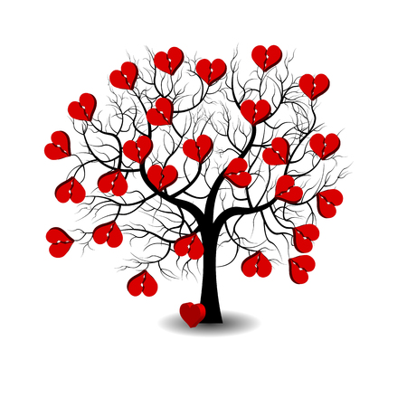 Bright pretty color vector graphic illustration of Valentine day love holiday with symbol of beautiful heart shape growing on black tree on white backgroundのイラスト素材