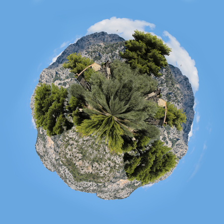 Photo seen from above ultra wide strong hemisphere image of visual distortion fisheye effect of...