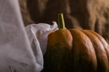 Raw orange segmented cucurbita with peduncle and green formless spots covered with white air cloth on burlap background, horizontal photoの写真素材