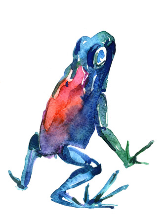 Closeup pleasing artistic water-color aquarelle freehand sketch rough drawing and hand drawn of frog back view water paint strokes and dabs texture paper over white background, vertical pictureの写真素材