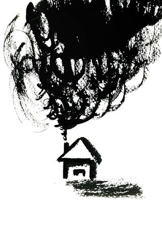Closeup small house with chimney spouted smoke smokestack pattern hand drawn texture paper black color picture illustration over white background, vertical pictureの写真素材