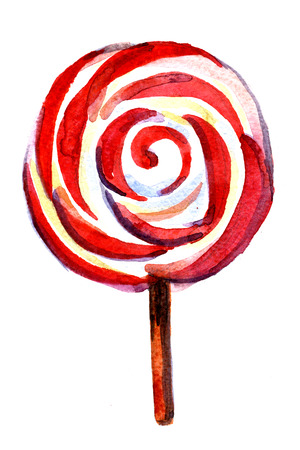 Closeup pleasing artistic water-color aquarelle freehand sketch rough drawing hand drawn of lollipop caramel water paint strokes and dabs texture paper over white background, vertical pictureの写真素材