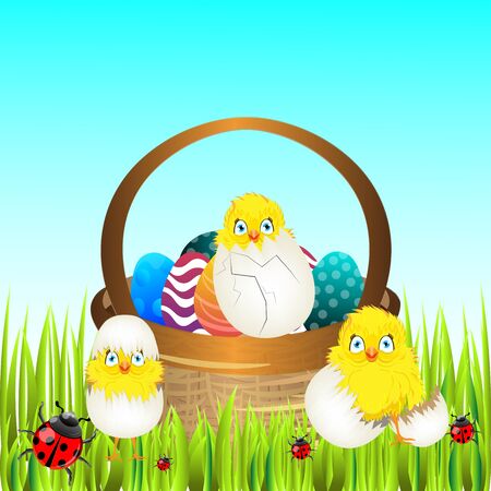 Bright color vector graphic illustration of happy easter sunday day with traditional spring holiday symbol of painted colorful eggs and cute yellow chicken in shell on light backgroundのイラスト素材
