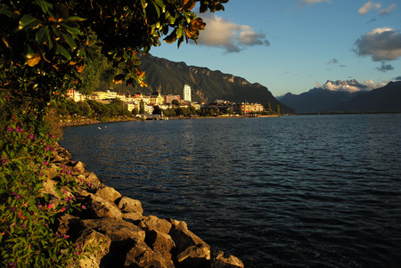 MONTREUX, SWITZERLAND - September 18, 2015: Amazing view of Lake Geneva and urban embankment of Montreux at mountainside, horizontal photoのeditorial素材