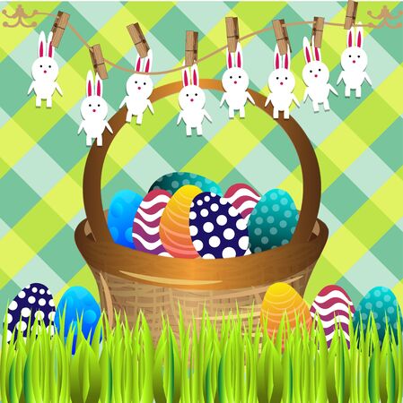 Bright color vector graphic illustration of happy easter sunday day with traditional spring holiday symbol of painted colorful eggs and cute rabbit on checkered backgroundのイラスト素材