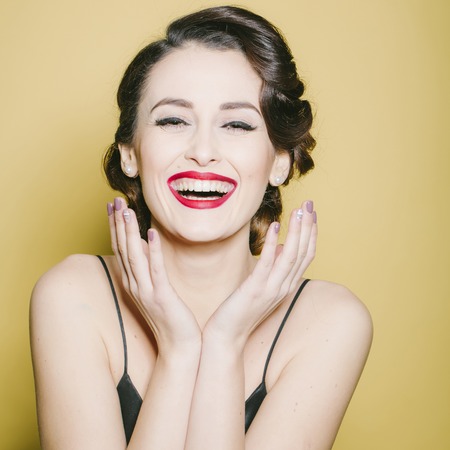 Portrait of attractive sensual glamour retro elegant young adult smiling woman with classic...