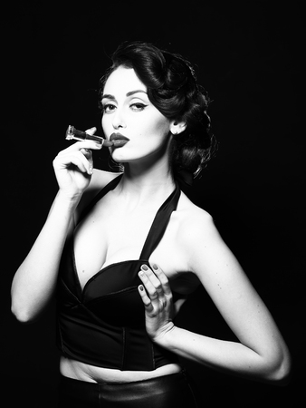 Portrait of attractive sensual glamour retro elegant young adult thoughtful woman with classic...