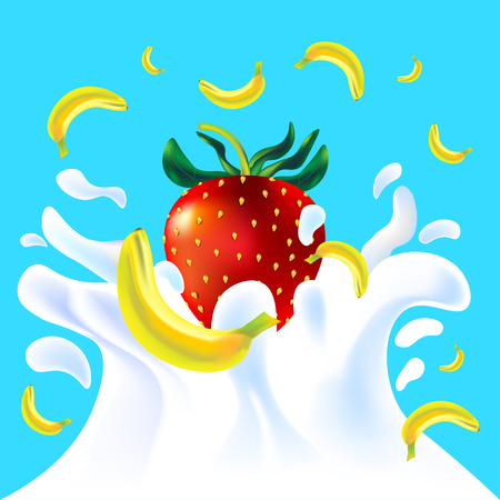 Red vector fresh tasty strawberry and yellow banana falling in white milk yoghurt splash on blue background of vitamine fruit berryのイラスト素材