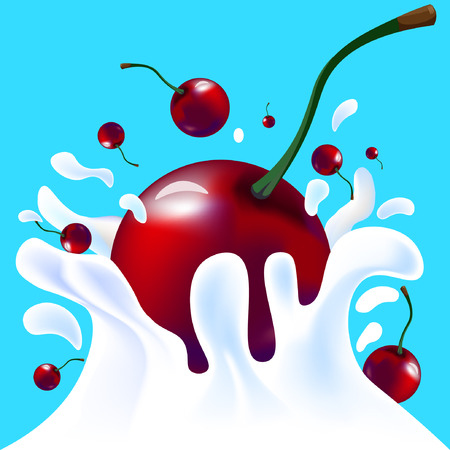 Red vector fresh tasty cherry falling in white milk yoghurt splash on blue background of vitamine fruit berryのイラスト素材