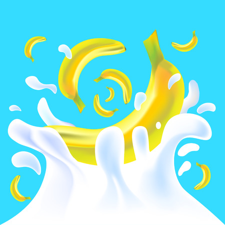 Yellow vector fresh tasty banana falling in white milk yoghurt splash on blue background of vitamine fruitのイラスト素材