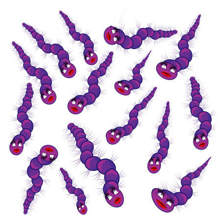 Many funny bright cartoon vector worms caterpillars and snakes with faces violet color on white backgroundのイラスト素材